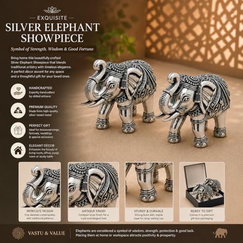 Image of KYAT Pure 999 Fine Silver Kamdhenu Cow with Calf Idol Elephant Pair (Elephant Pair - 2'')