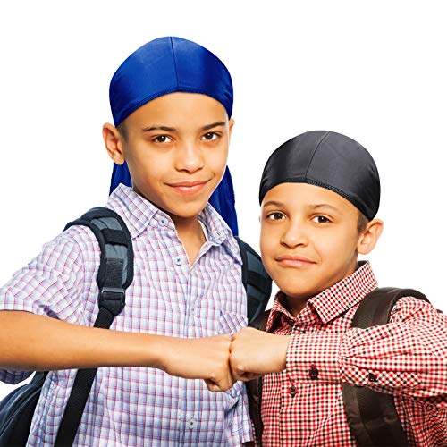 10 Pieces Kids Satin Silk Durag with Wave Caps Set Unisex Baby Durags 360 Wave Wide Strap Headwraps Long Tail Turban Beanies2