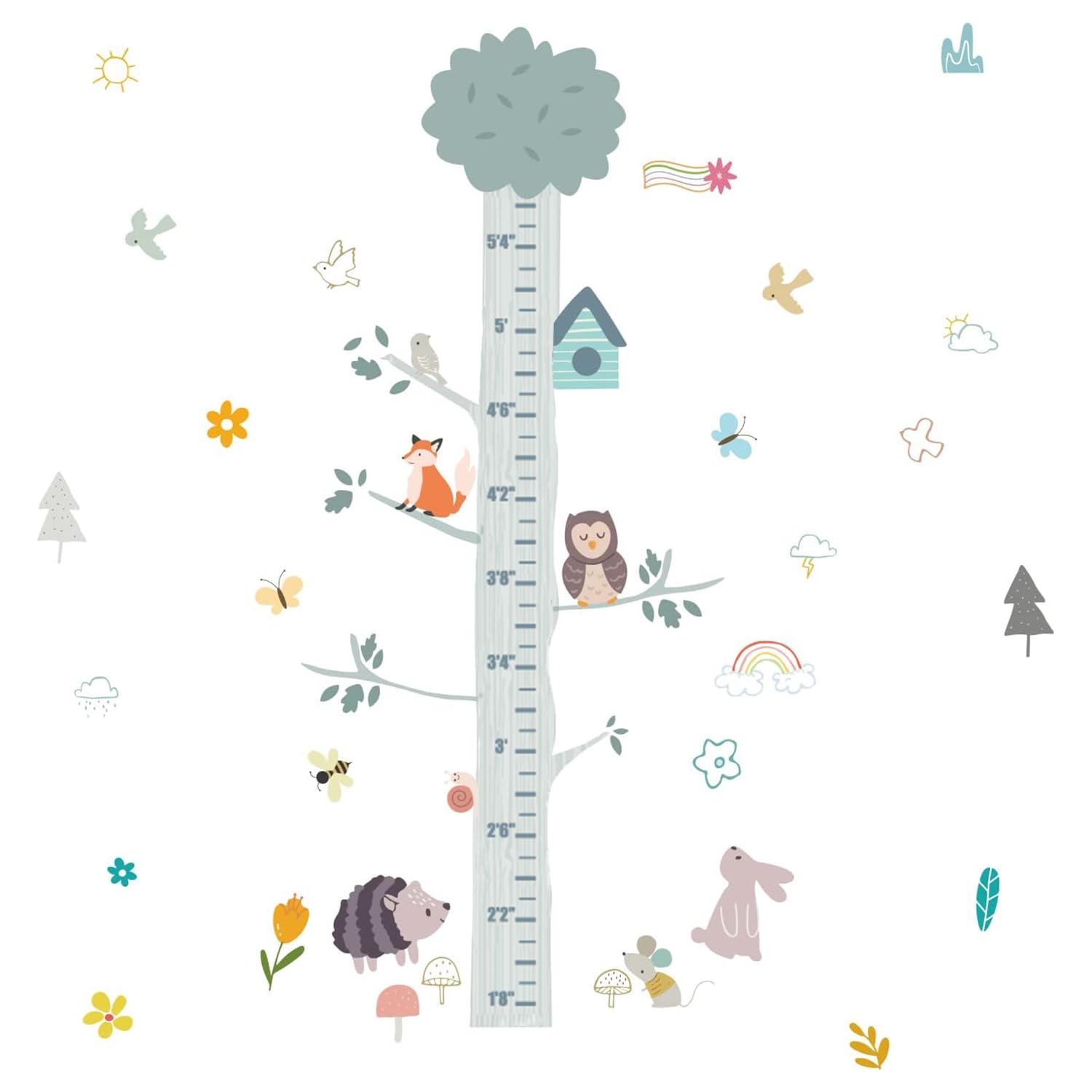 SUPERDANT Cartoon Animals Height Growth Chart Wall Sticker Big Tree Animal Owl Height Measure Decals Flowers Wall Decor for Nursery Kids Bedroom Living Room Wallpaper Decoration 1''8''-5''4''