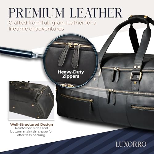 Luxorro Full Grain Leather Duffle Bag for Men | Large Weekender & Road Trip Bag | 30 Inch, 70L Capacity | Mens Overnight Travel & Gym Duffel | Black2