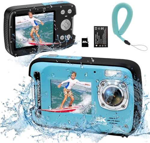 YEEIN Underwater Camera 4K 48MP Autofocus Selfie Dual Screen Waterproof Camera with Floating Strap and 32GB Card, 17FT Compact Waterproof Digital Camera, Fill Light Underwater Camera for Snorkeling