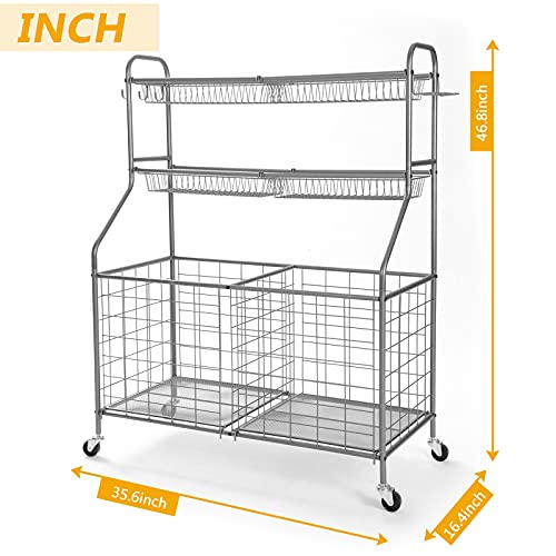 Image of Kinghouse Rolling Sports Equipment Organizer with Wheels, Garage Ball Storage Rack for Basketball, Toys, for Garage, Indoor, Gym, Outdoo, Includes Metal Storage Bin, Bat Holder, Hooks