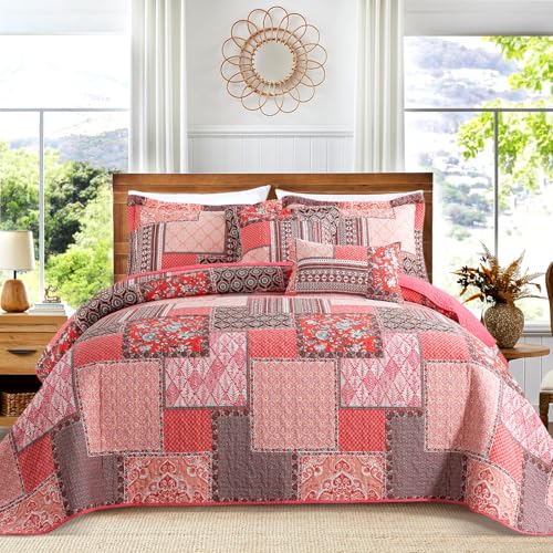 VAPUTAR 100% Cotton Face Quilts Queen Size, Pink Farmhouse Bedspreads