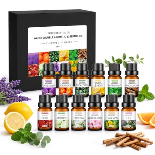 SKY-TOUCH Essential Oils Set Premium Pure Oil for Diffusers 100% Therapeutic Grade Aromatherapy Oils Sandalwood Sweet Orange Lavender Eucalyptus Lemon Mint - Bottles*10mL x 6