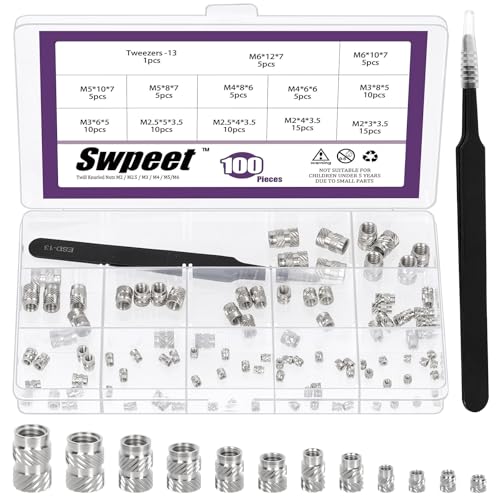 Swpeet 101Pcs 12 Sizes M2 M2.5 M3 M4 M5 M6 Nickel-Plated Threaded Insert Assortment Kit, Female Thread Knurled Nuts, Heat Set Insert, Embedment Nuts for 3D Printing Hydraulic Welded Injection