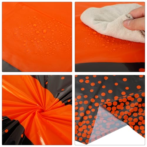 Image of Oudain 6 Pcs Black and Orange Plastic Tablecloth for Parties, Disposable Orange Polka Dot Tablecloths, Waterproof Rectangle Table Cover for Graduation Birthday Wedding Party Decorations, 54 inch x 108 inch