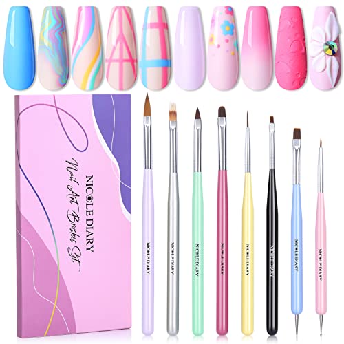 Nicole Diary Nail Art Brushes Set, 8Pcs Gel Polish Nail Art Design Pen, Builder Gel Brush, Nail Art Liner Brush And Nail Dotting Pen Salon At Home Diy Manicure #TOP24