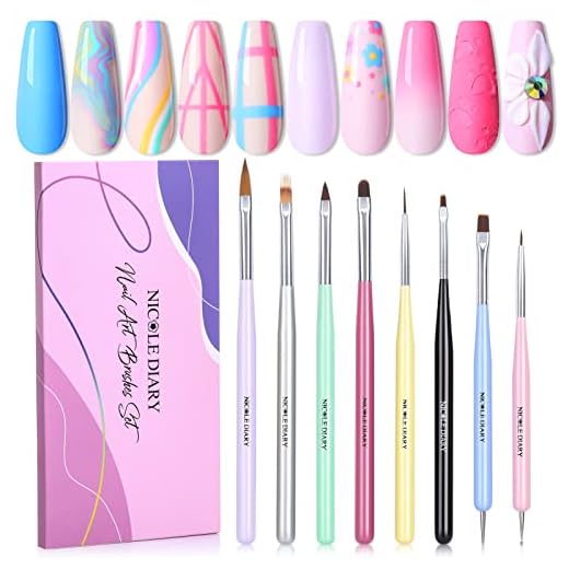 NICOLE DIARY Nail Art Brushes Set, 8Pcs Gel Polish Nail Art Design Pen, Builder Gel Brush, Nail Art Liner Brush and Nail Dotting Pen Salon at Home DIY Manicure