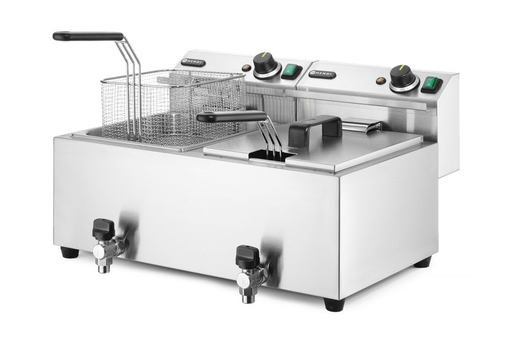 HENDI Freidora eléctrica, T ajustable hasta 195°C, termostato de seguridad, zona fría, con tapa y cesta de freír, con grifo de drenaje, 2x8L, 230V, 2x3500W, 605x515x(H)345mm, acero inoxidable 18/0