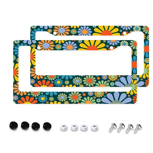 Aluminum License Plate Frame, 2Pcs 2 Holes Black License Plate Covers, Hippie Flower Car Accessories for Men Women