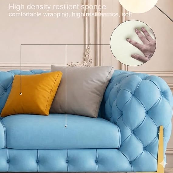 Image of A to Z Furniture Modern Classic Fabric & Valvet Tufted Chesterfield Sofa Living Room and Office (3+1= 4 Seater Sofa Set with Footrest Sky-Blue)