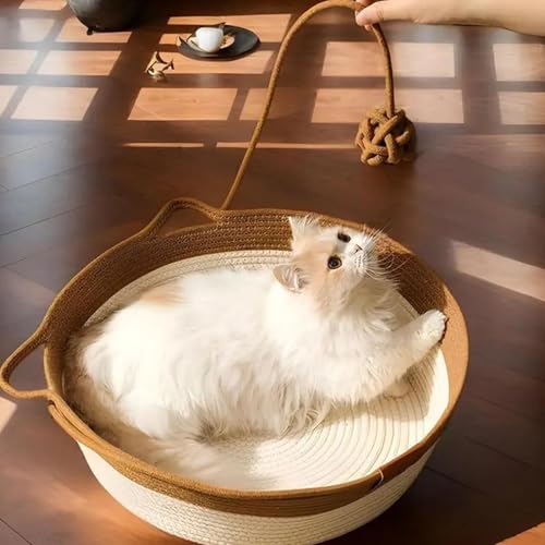 Lit tissé pour animal domestique rond en corde de coton multicolore