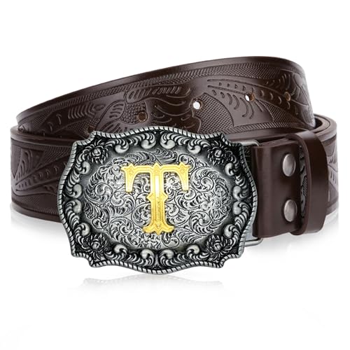 Image of Mens Western Cowboy Cowgirl Faux Leather Belt Longhorn Bull Pattern Letter Big Buckle Embossed Floral Belts
