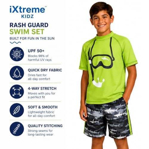 Image of iXtreme Boys Swim Set - 2 Piece Rash Guard Short Sleeve Swim Shirt and Boys Swim Trunks for Infants Toddlers & Big Boys