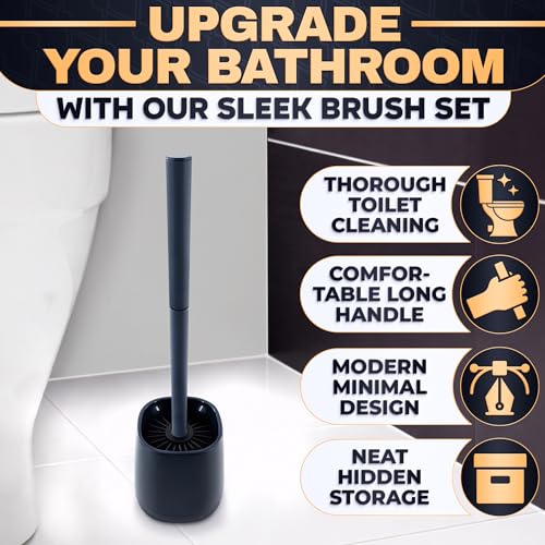 Image of Toilet Brush and Holder Set - Silicone Toilet Bowl Brush with Black Holder Base, Compact Bath Accessory for Small Spaces - Easy to Place and Simple to Store After Use, Plastic Bathroom Cleaning Tool