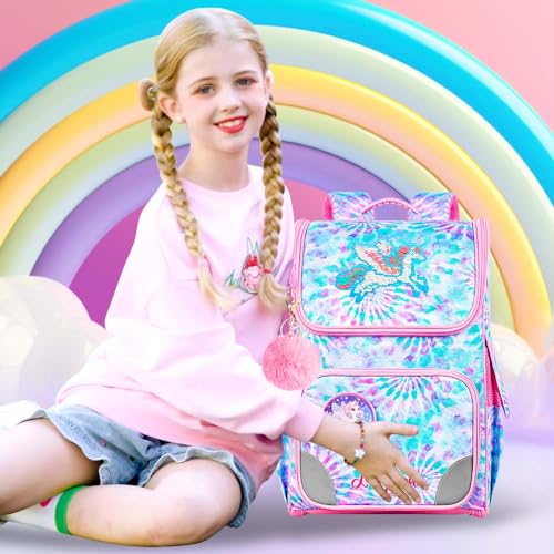 Image of HPJGD Tie-Dye Unicron Backpack for Girls, 15 inch Sequins Preschool Bookbag with Lunch Box for Kids, 3PCS Shcool Bag Set for Elementary Toddler