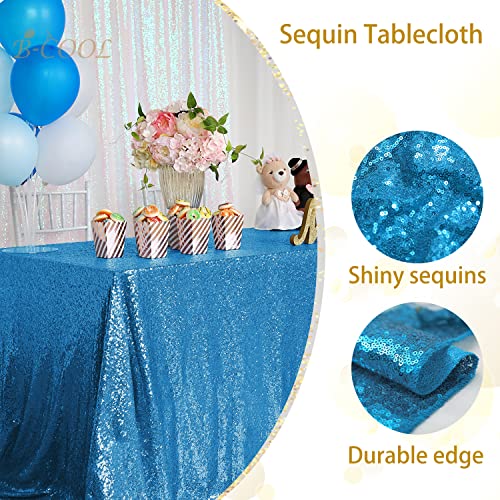 Image of B-COOL Sequin Tablecloth Shiny Table Cloth for Birthday Wedding Party Prom Banquet Sparkling Table Overlays Aqua Blue 90x90 inches