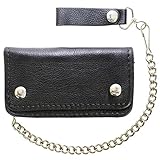 Dream Apparel Bifold Chain Wallet for Men and Women, Cowhide Leather Motorcycle Biker Wallet with Anti-Theft Steel Chain, Black ID Card Holder Trucker Wallet with Snap Closure