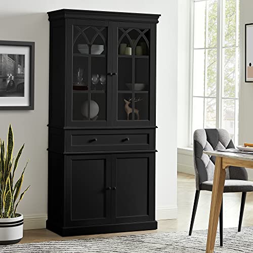 Image of GOOD & GRACIOUS China Cabinet with Tempered Glass Doors Glass Door Storage Cabinet with Adjustable Shelves and Linen Drawer,Black