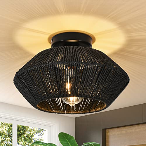 Black Rattan Flush Mount Ceiling Light Boho Wicker Light Fixtures Ceiling Hand Woven Cage Shade Light Fixture Black Mini Rattan Chandelier with Brush Paint Finish for Bedroom Entryway Nursery Hallway