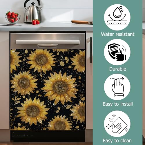 Image of Dishwasher Magnets Decorative Cover,Gold Sunflower Refrigerator Magnet Cover,Washable Modern Floral Dishwasher Front Panel Cover Home Kitchen Decoration 23x26 Inch
