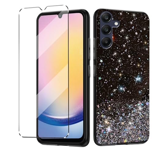 1Pcs Cover Glitter Bling e 1Pcs Vetrino Samsung Galaxy A25 5G antiurto Custodia piu Vetro temperato protezione A25 5G Pellicola protettiva nero