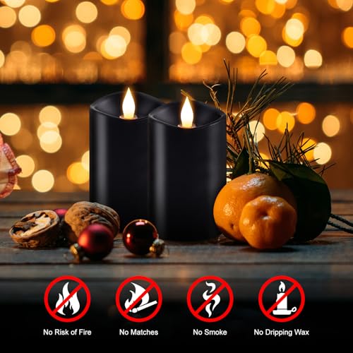 Image of 2PCS, 3 x 5 inches Flameless Candle with Remote Control, 3D Flickering Wick, Real Wax Pillar LED Candles, Battery Operated Candles,with Timer,for Holiday Home Decor, Black