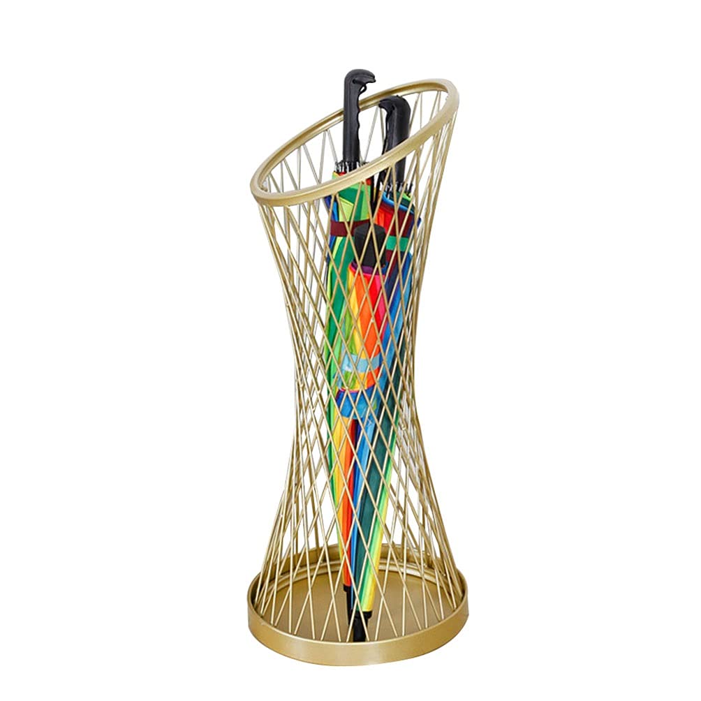WQPMNYG Metal Umbrella Stand Rack with Hollowed Out Design Mobile Drip Tray and Hook Holds 4 8 Umbrellas Ideal for Corridor Entrance Gold Finish 30x73cm