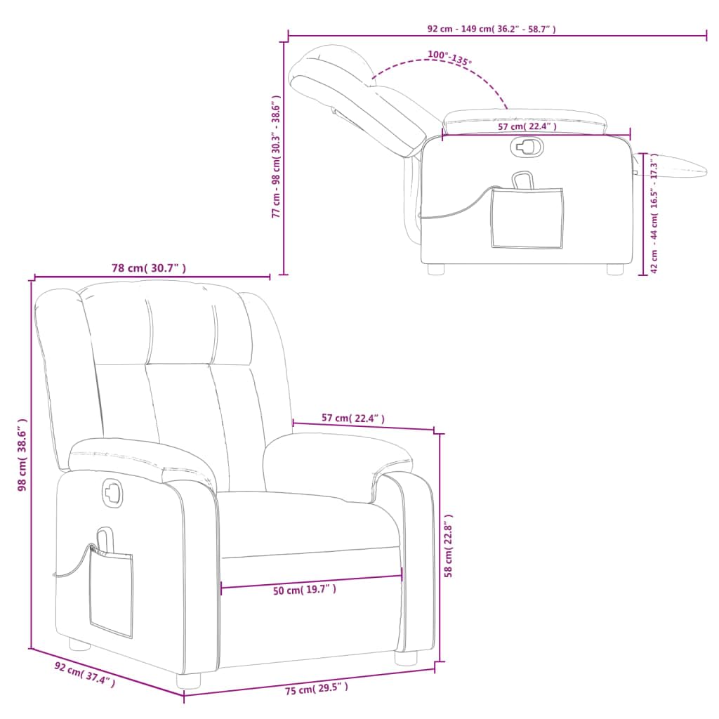 Sillón de masaje de relax de piel sintética gris con 6 puntos de masaje de vibración, función de descanso manual hasta 135 grados, reposabrazos anchos, bolsillo lateral, 78 x 92 x 98 cm