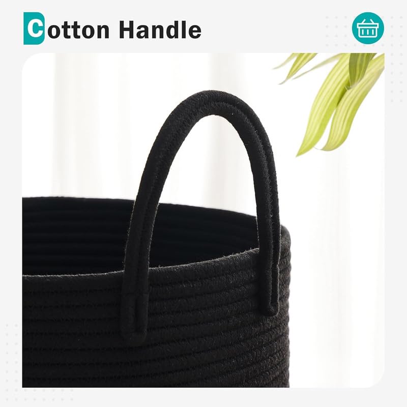 Image of Storage Cotton Rope Basket and Laundry Hamper for Dirty Clothes, Towels, Blankets, Pillows Storage in Living Room, Laundry Room and Bedroom (Black, 15x18 Inch)