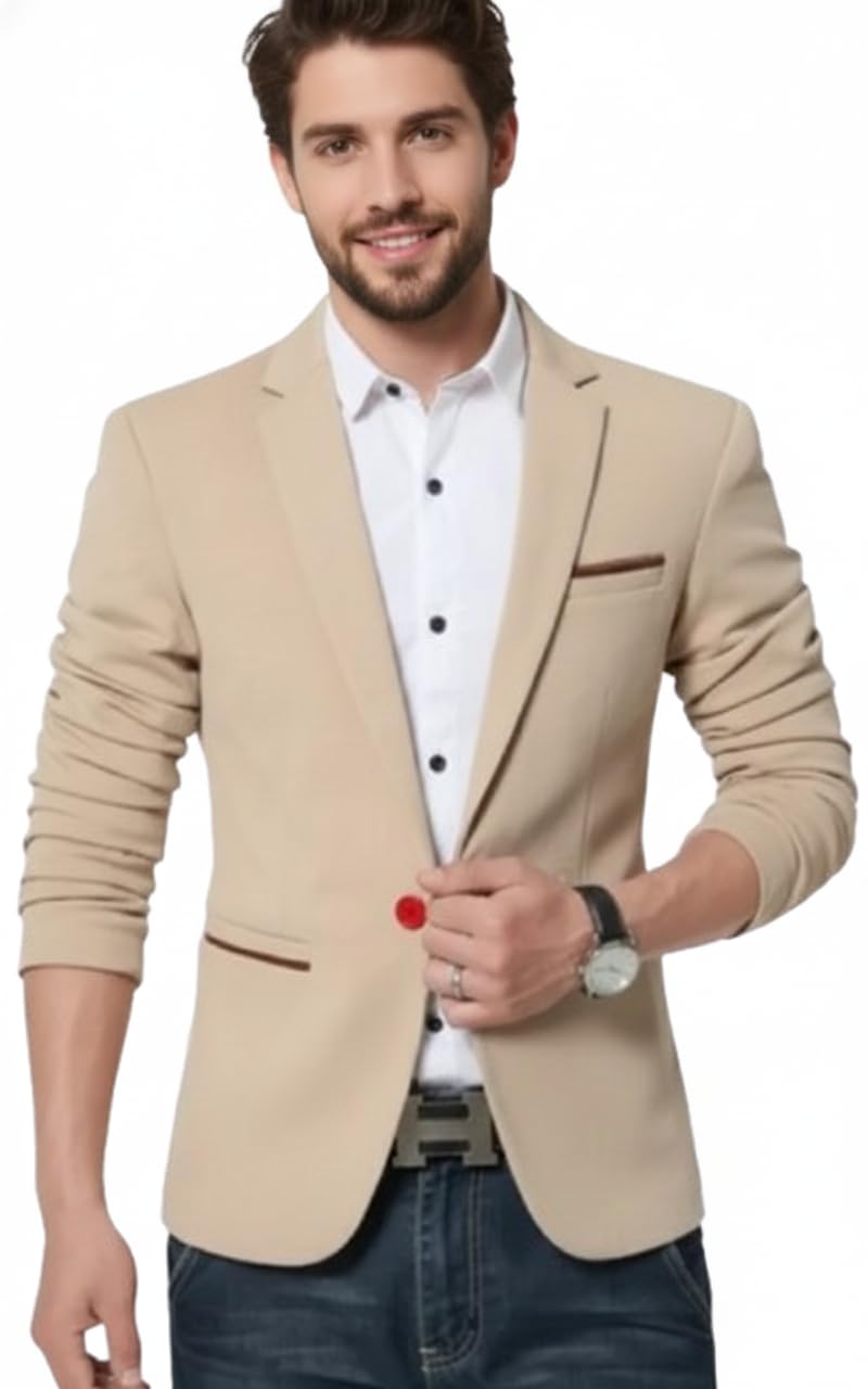 humjoli Men's Slim Fit Blazer, Beige, Single Button, Notch Lapel, Casual Formal Wear-picture-23