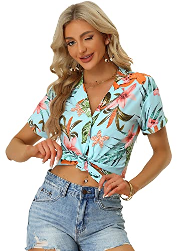 Allegra K Women's Hawaiian Shirt Floral Leaves Printed Short Sleeve Top Tropical Button Down Shirt Summer Fashion 2024 Medium Sky Blue