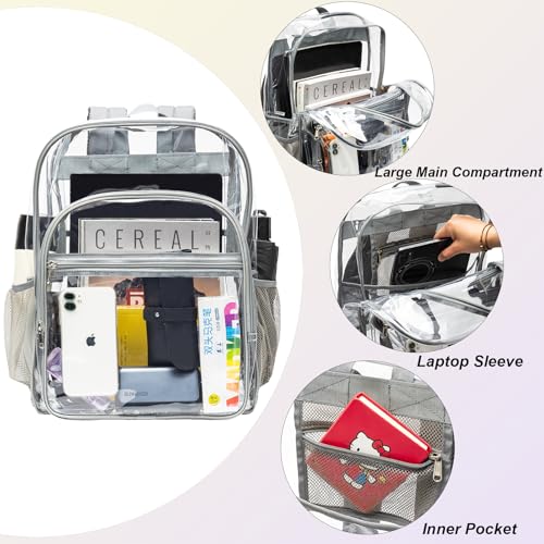 Image of gdbis Clear Backpack Heavy Duty, 17 inch Large PVC Transparent Bag with Reinforced Strap Stitches and Laptop Sleeve See Through Casual Backpack for Work Concert Travel Security - Grey