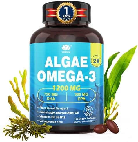 Vegan Omega 3 Supplement for Women Men with DHA 720mg, EPA 360mg, Methyl B9, B12, Vitamin B6, E, Fish Oil Alternative, Plant Based Algae Oil for Brain, Eye, Energy & Immunity, Burp-Less 120 Softgels