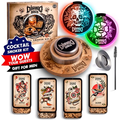 Whiskey Smoker Kit Without Torch Infuser Set for Old Fashioned Whiskey Bourbon & Drinks Gift for Men Dad Husband on Birthdays 4 Wood Chip Flavors - Silver Deluxe Edition (No Torch)