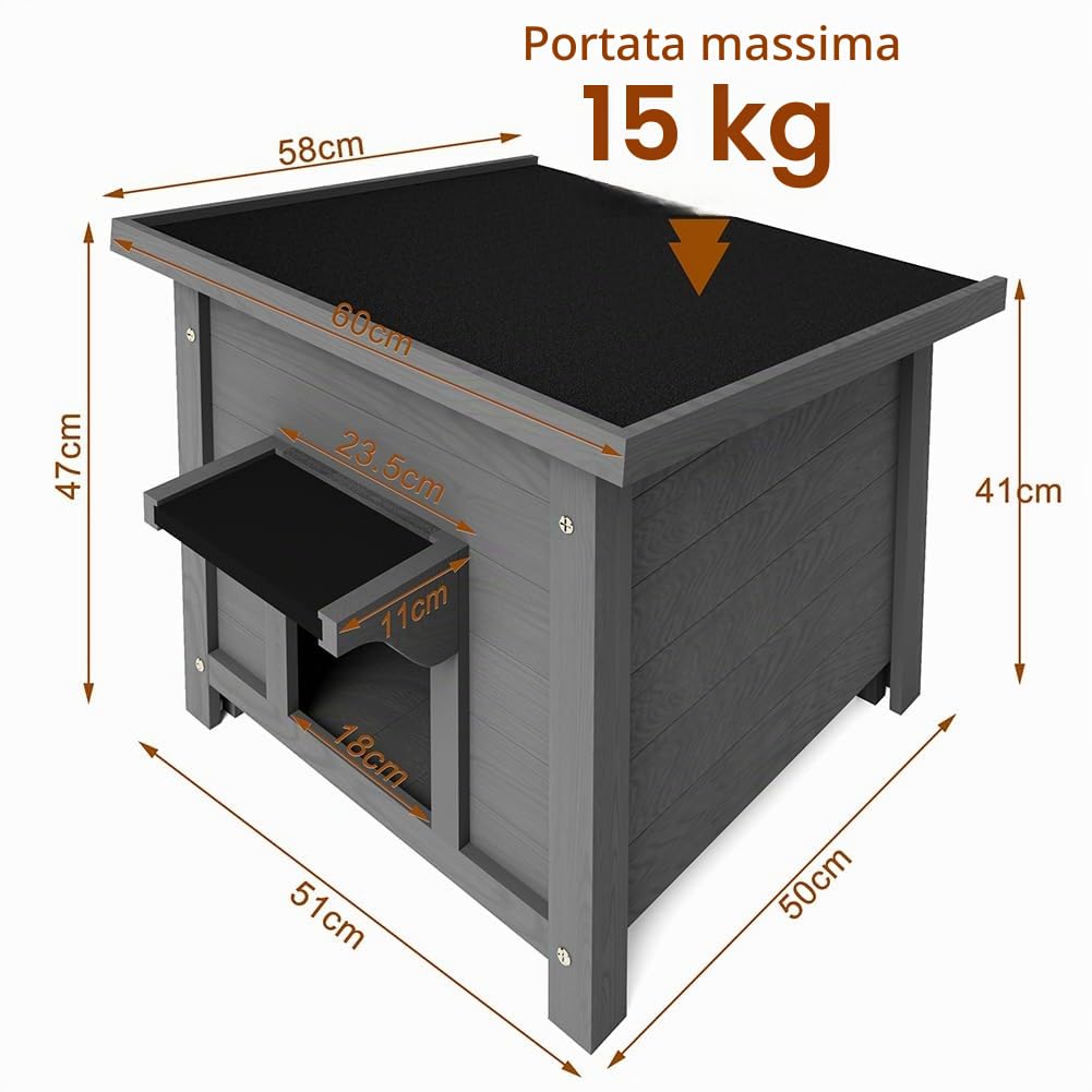 BAKAJI Cuccia per Animali Domestici Grigia in Legno, Casetta per Cani e Gatti con Tetto Apribile, Casa, Esterno Interno Resistente Intemperie e Agli Agenti Atmosferici, Tettoia Asfaltata, 60x58x47cm