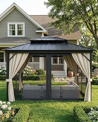 10 x 14 Hardtop Gazebo with Double Galvanized Steel Roof, Breathable Netting and Privacy Curtains – Durable Outdoor Pavilion for Backyard