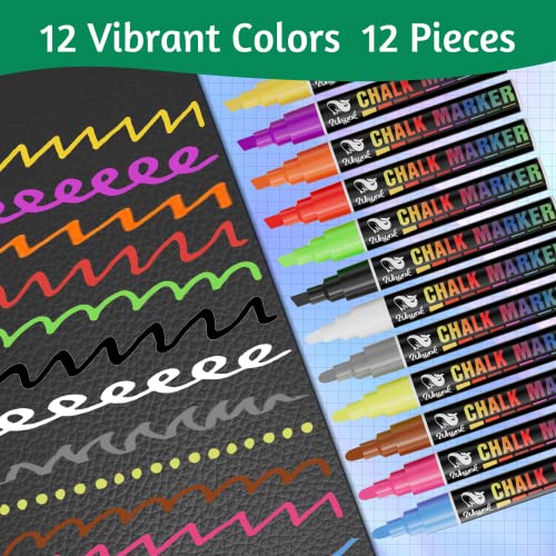 WISYOK 12 Pack Liquid Chalk Marker, Erasable Ink 12 Vibrant Colors Chalk Pens for Chalkboards Signs, Windows, Blackboard, Glass, Acrylic, 6mm Reversible Bullet & Chisel Tip - Thumbnail 2