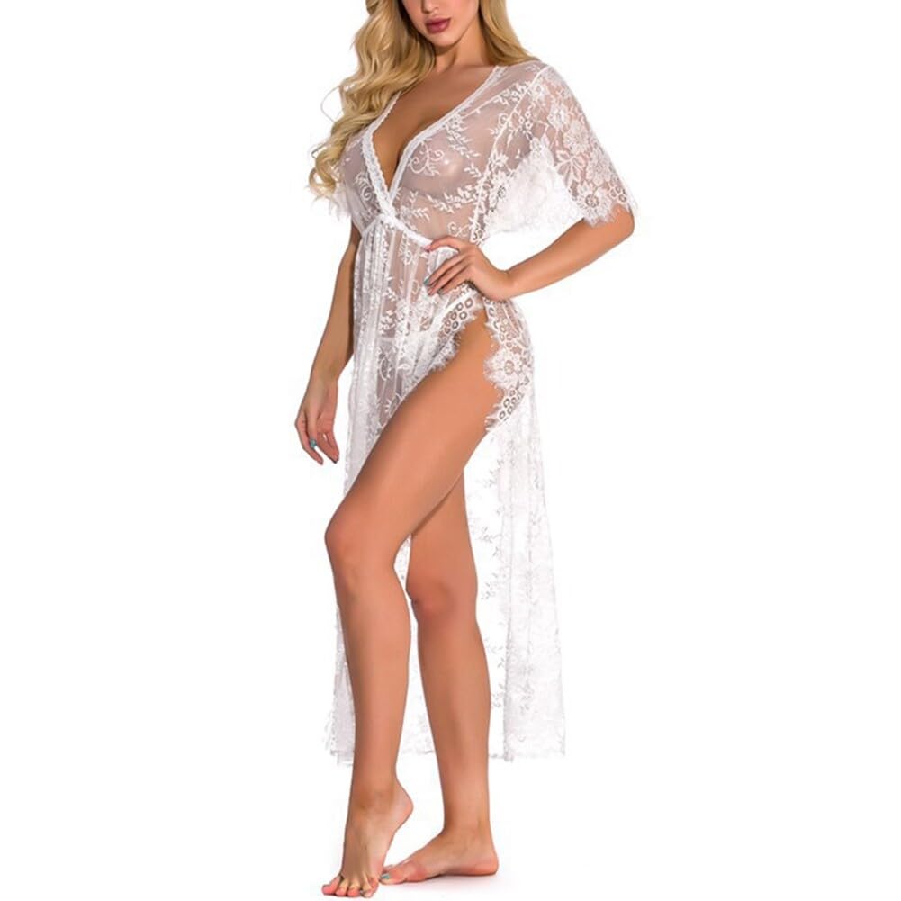 iSpchen Lingerie Sexy Longue Déshabillé Robe en Dentelle Transparente Vêtements de Nuit Col en V Lingerie Chemise de Nuit pour Femmes Nuits de Mariage Lune de Miel Lingerie Fête