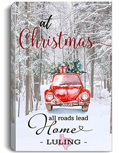 Christmas Canvas Wall Art 16"x24" for Home Decor Luling Texas TX State - at Christmas All Roads Lead Home with Merry Christmas Red Truck and Snow Decorated Tree