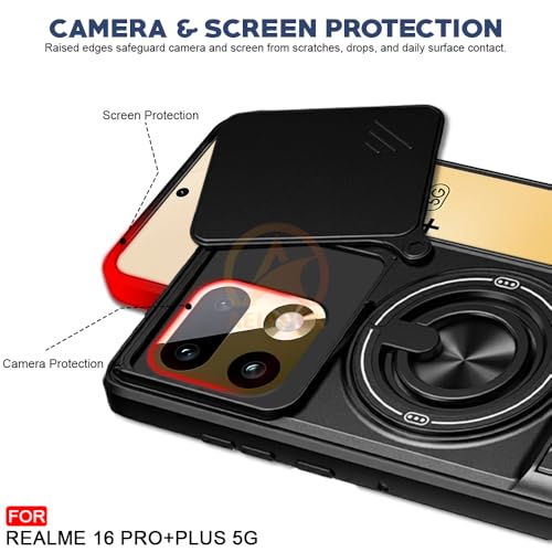 Image of Realme 16 Pro Plus 5G Back Cover | Armor Camera Slider 360 Degree Rotating Finger Ring Holder Case with Bracket Stand Back Case Cover (Compatible with MagSafe Accessories) (Black)