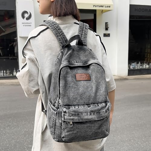 Teclado Denim Backpack Casual Bookbags Lightweight Laptop Bag Outing Travel Daypacks (Grey)2