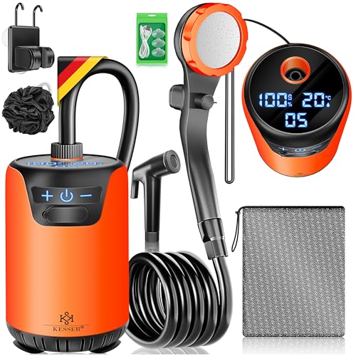 KESSER® Ducha solar de camping con bomba y batería recargable de 4000 mAh, juego de ducha para camping, incluye cabezal de ducha ajustable, manguera de 2 m, pistola pulverizadora y soporte
