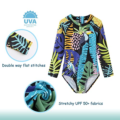 Image of Girls One Piece Swimsuits Long Sleeve Rash Guard for Kids Girls Hawaiian Swim Shirts UPF 50+ Sun Protection