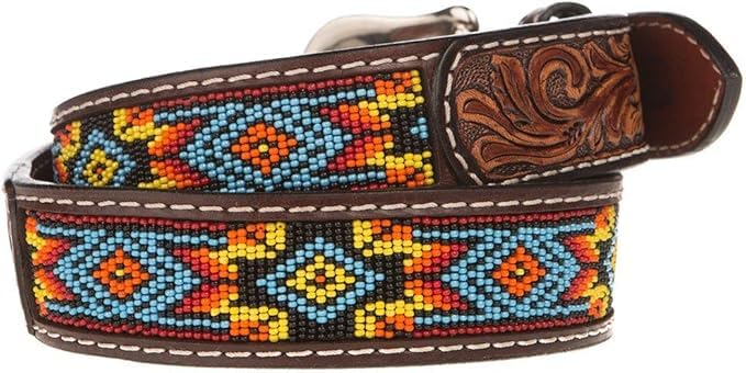 Western Handmade Beaded Men's Leather Belt Quality Thick Durable Wax Colorful Designs Cowboy Style Alloy Classic Fitted Casual Formal Wear in Pant Trouser Jeans Size: Waist 31-34in - Length 39in