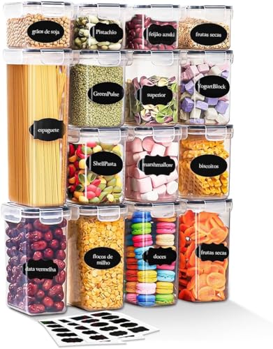 Kit de 15 Potes Herméticos para Mantimentos – Conjunto de 15 Unidades com Vedação de Silicone | Transparente BPA‑Free | Empilháveis – Organização de Cozinha e Despensa.