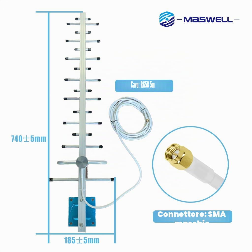 Maswell Antenna direzionale Yagi ad alto guadagno 5G/4G - 12dBi, 700-4000MHz | Antenna esterna per router e gateway GSM LTE 4G 5G | per T-Mobile Home Internet, Verizon, AT&T | Cavo SMA da 5 m