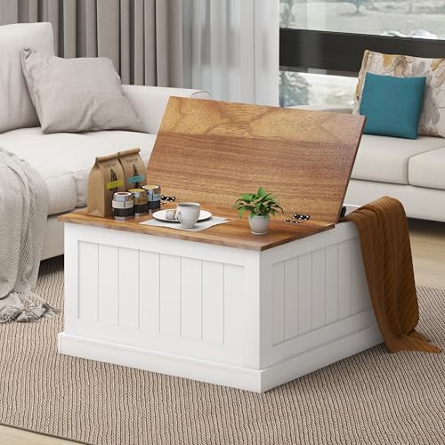 Locsear Farmhouse Coffee Table, Square Wood Center Table with Large Hidden Storage Compartment for Living Room, Rustic Cocktail Table with Hinged Lift Top for Home, White