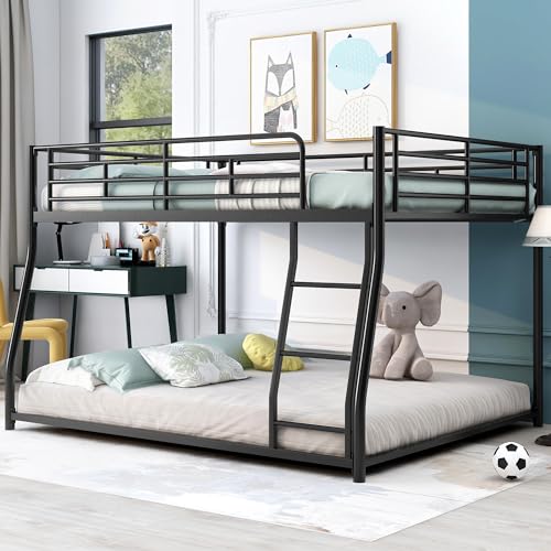 Harper & Bright Designs Full XL Over Queen Bunk Beds, Heavy-Duty Metal Floor Bunk Bed Frame with Ladder for Kids Boys Girls Teens,Black