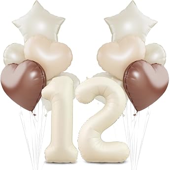 Beige Balloon 12th Birthday Cream White 12th Birthday Balloon Decoration XXL 40 Inch Balloon 12th Beige Apricot Brown Heart Star Foil Balloons for 12 Years Birthday Decoration Anniversary Party Decoration